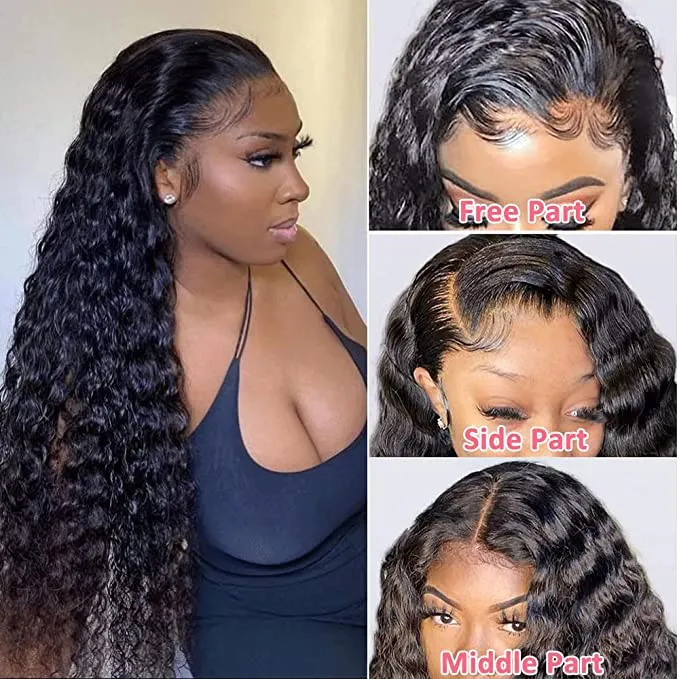 13x4 Lace Frontal Wig Water Wave Human Hair Wigs For Beginners Natural Black Free Part