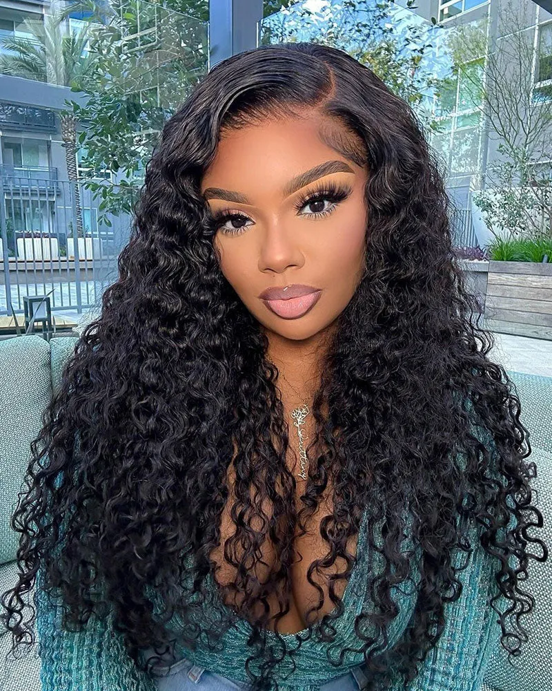 13x4 Lace Frontal Wig Water Wave Human Hair Wigs For Beginners Natural Black Free Part