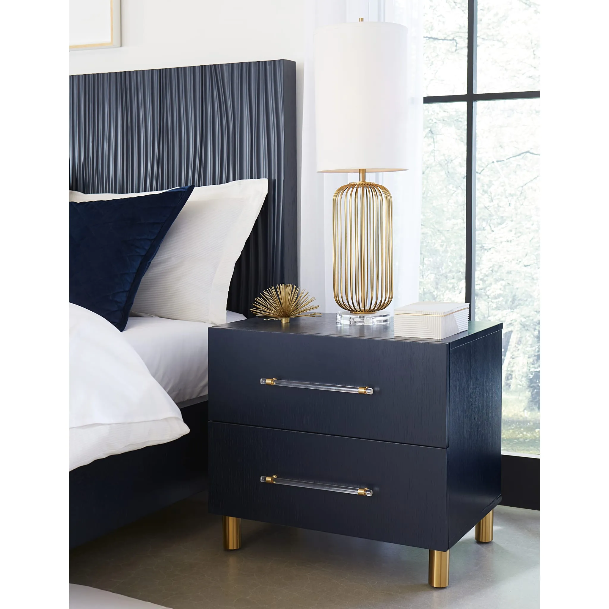 Argento Wave-Patterned Bed in Navy Blue and Burnished Brass