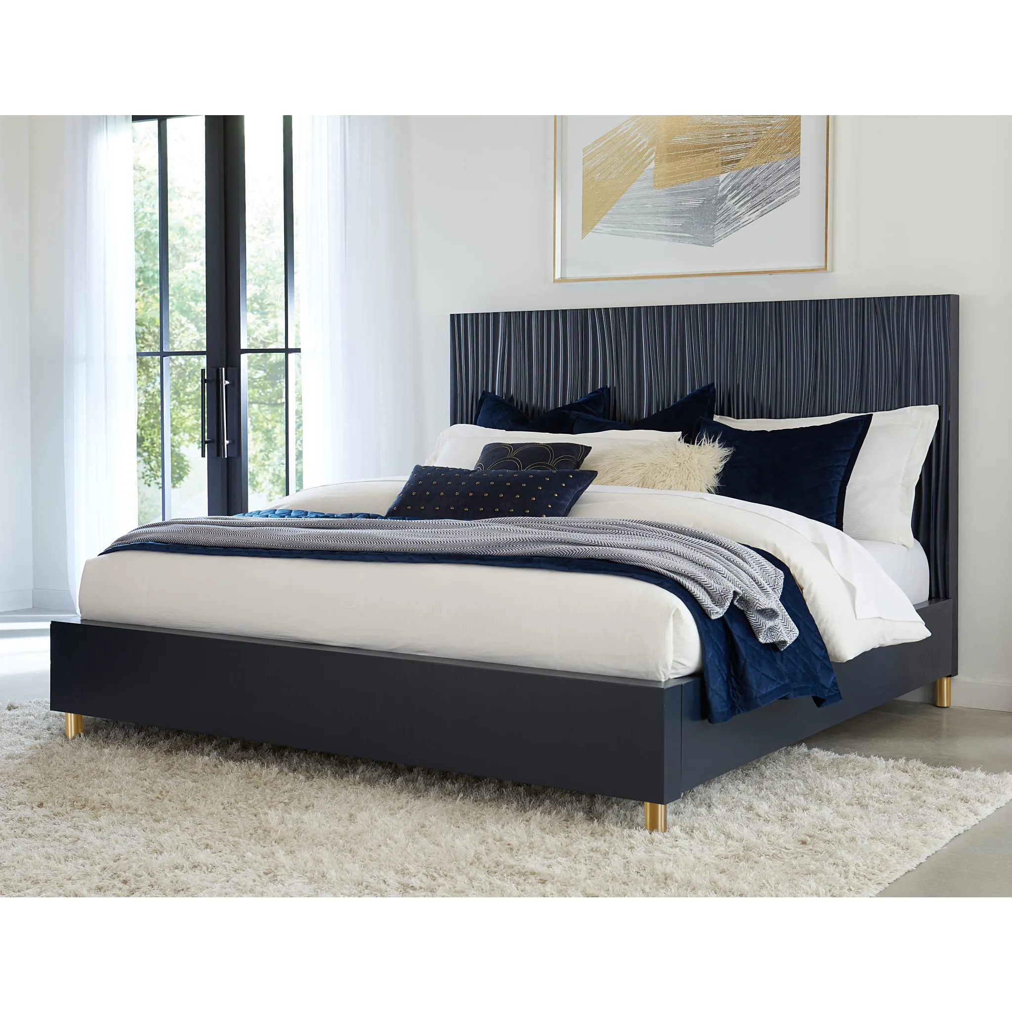 Argento Wave-Patterned Bed in Navy Blue and Burnished Brass