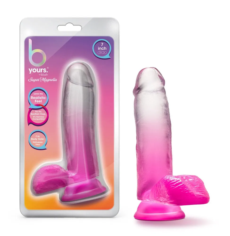 B Yours By Blush® | Sugar Magnolia Realistic Fuchsia 6.75-Inch Long Dildo With Balls & Suction Cup Base