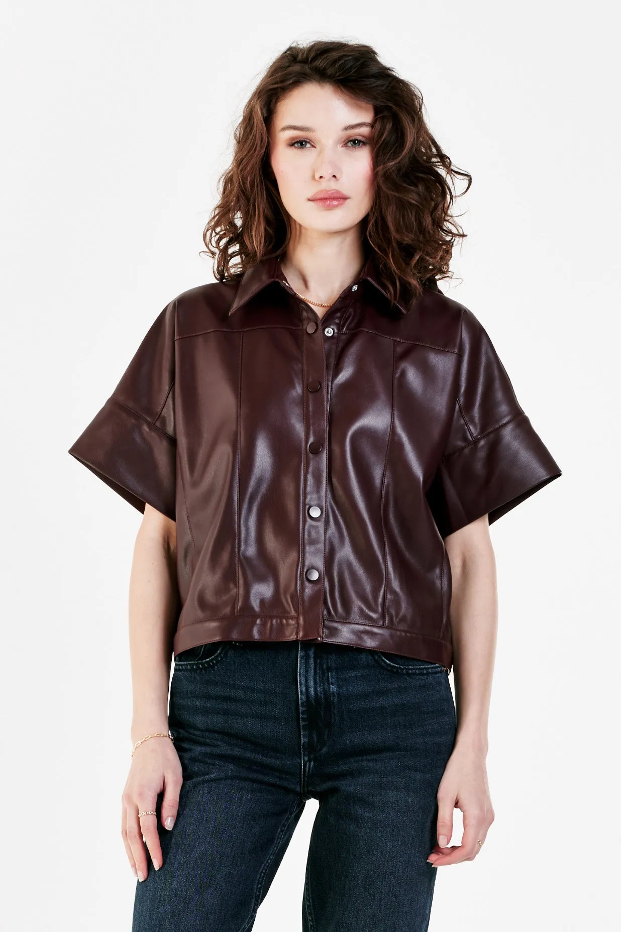 BESS VEGAN LEATHER BUTTON FRONT SHIRT BURGUNDY