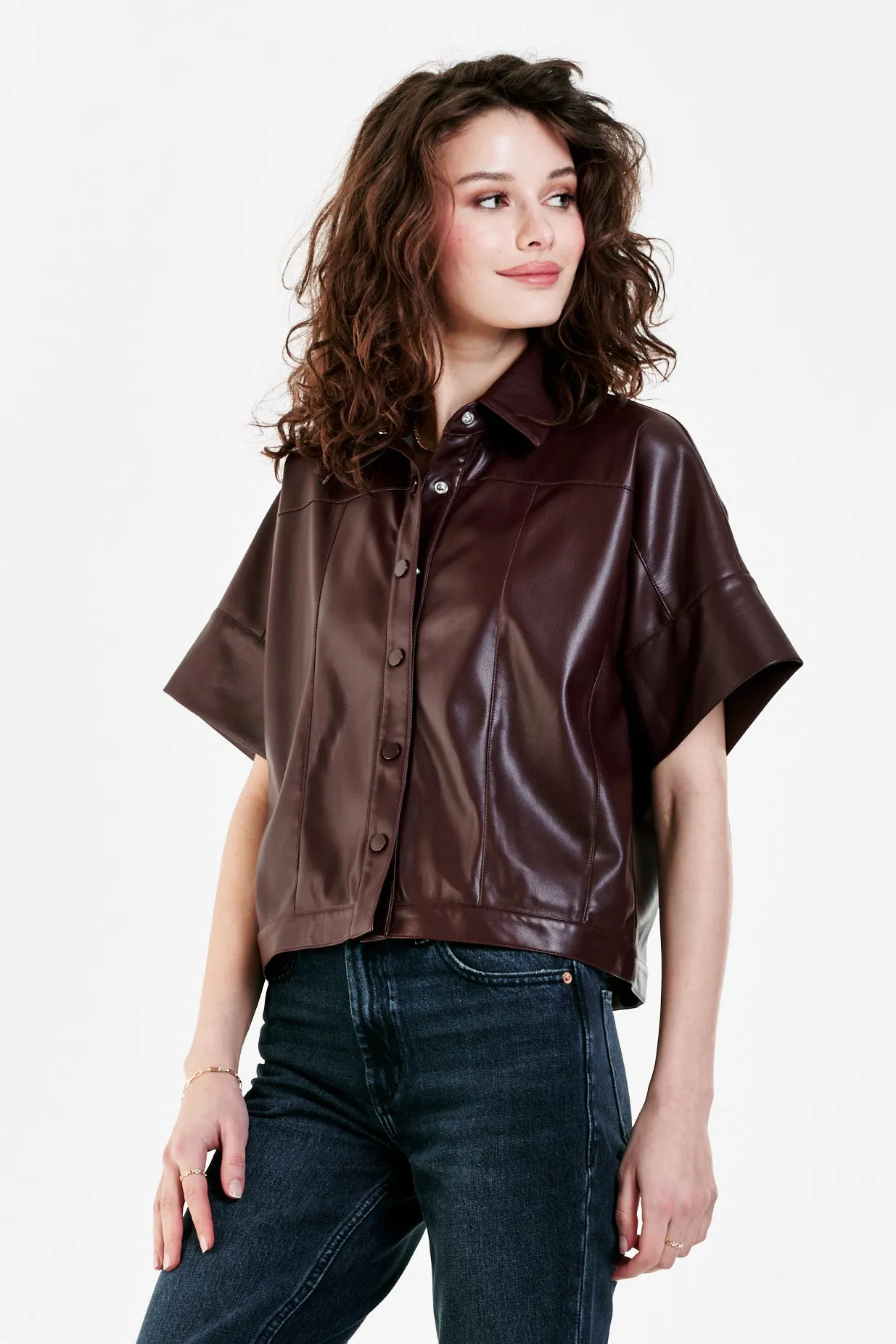 BESS VEGAN LEATHER BUTTON FRONT SHIRT BURGUNDY