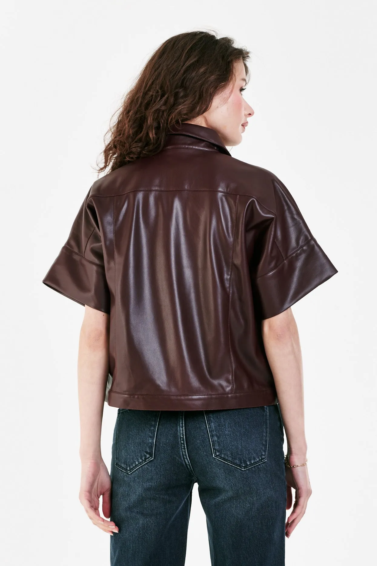 BESS VEGAN LEATHER BUTTON FRONT SHIRT BURGUNDY