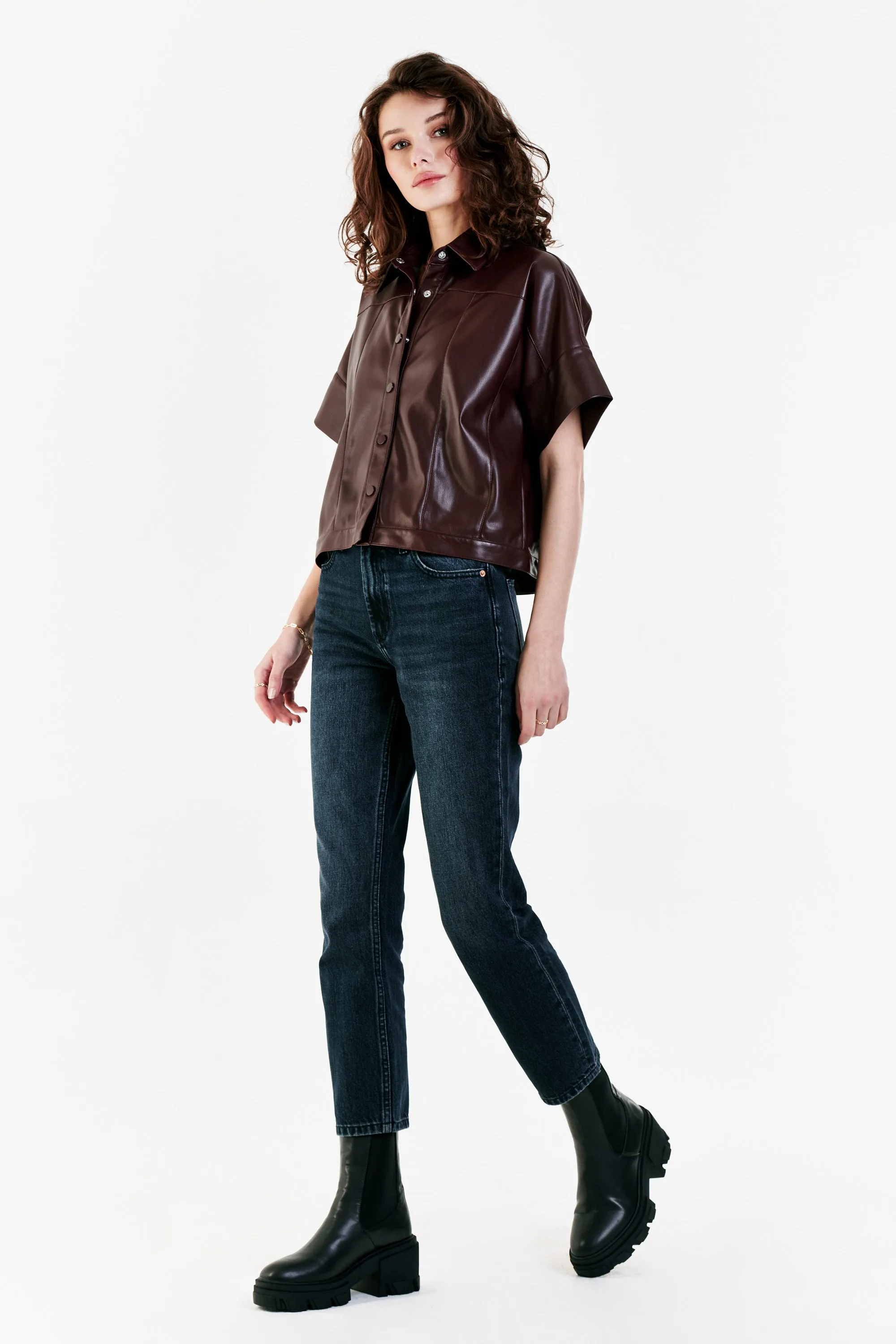 BESS VEGAN LEATHER BUTTON FRONT SHIRT BURGUNDY