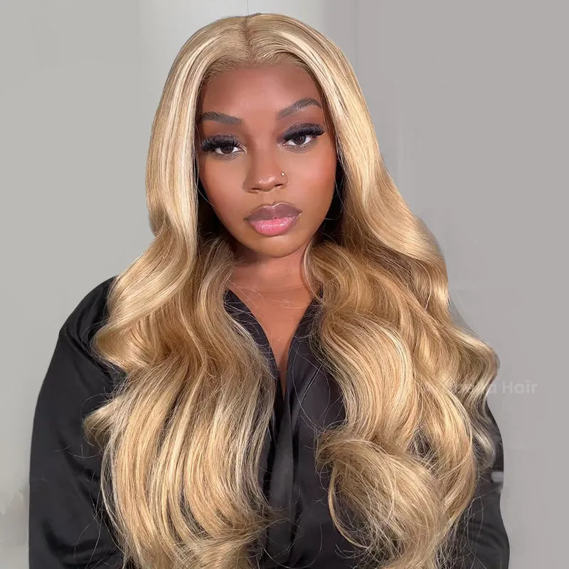 Blowout In Wavy #12/613 Highlight 13x4 Lace Front Mixed Brown and Blonde Color Human Hair Wig