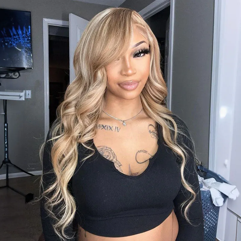 Blowout In Wavy #12/613 Highlight 13x4 Lace Front Mixed Brown and Blonde Color Human Hair Wig