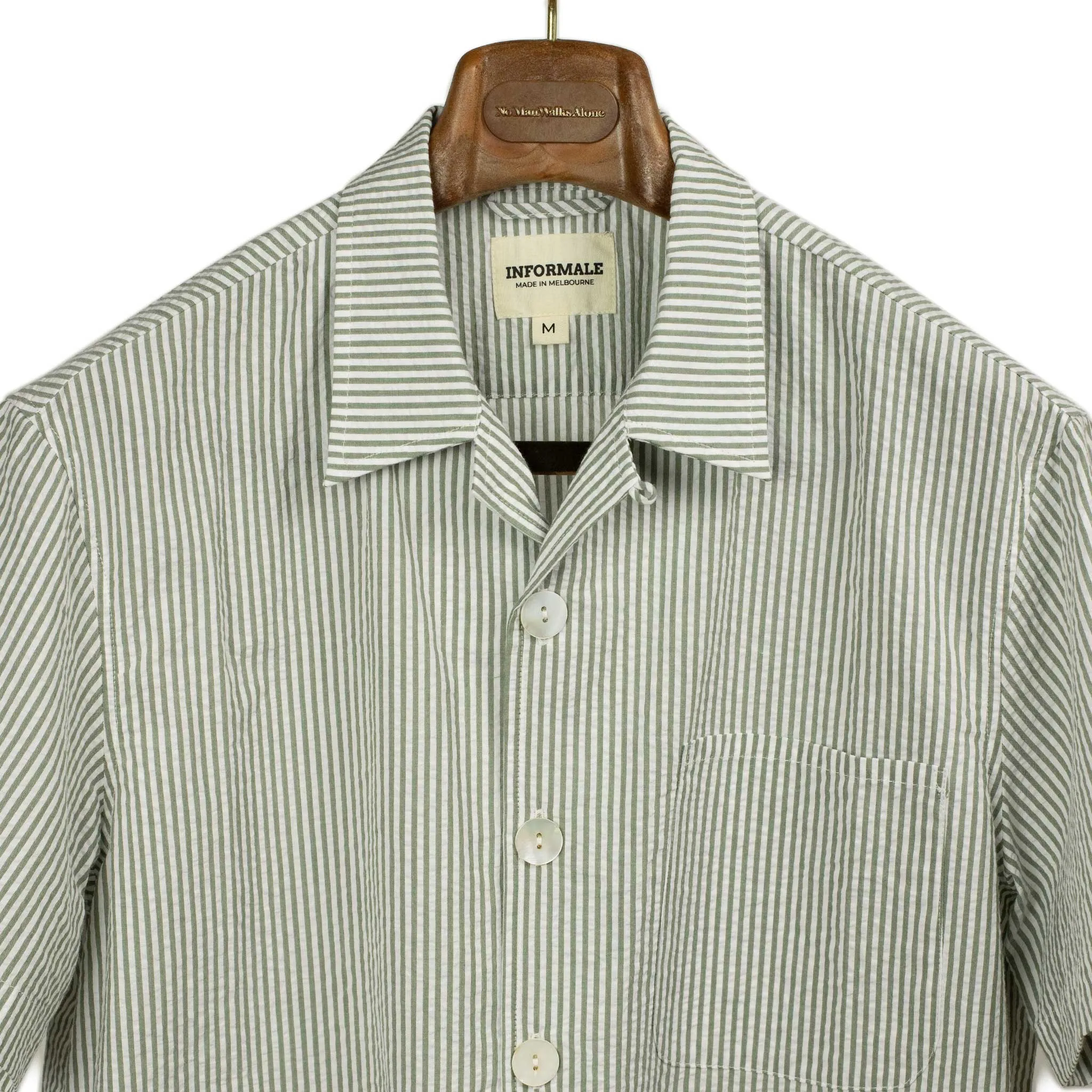 Cabana shirt in olive and white cotton seersucker