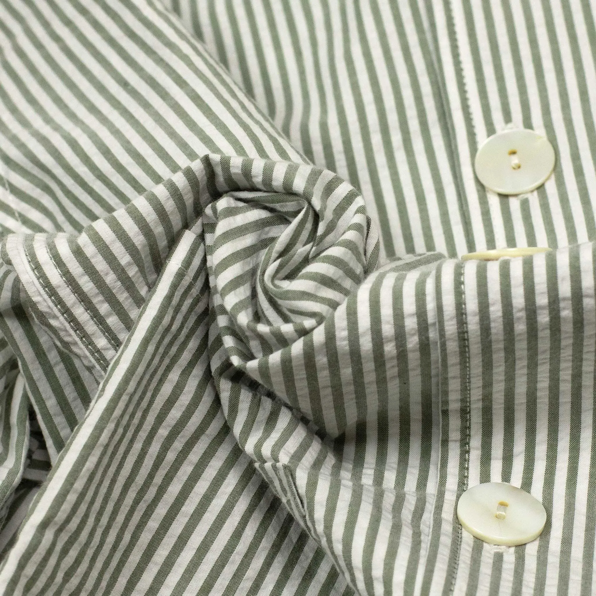 Cabana shirt in olive and white cotton seersucker