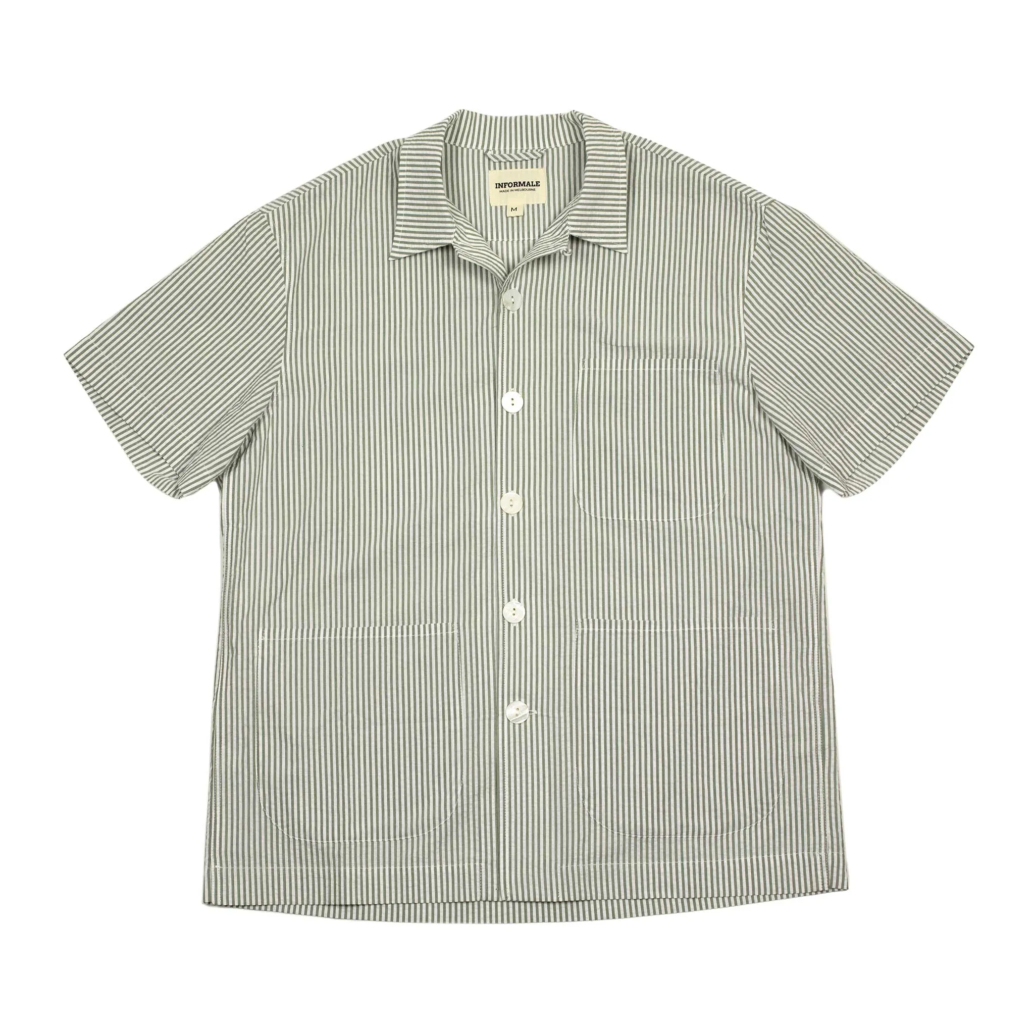 Cabana shirt in olive and white cotton seersucker