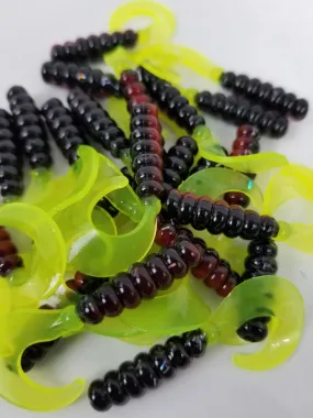 Cam's 2"(HOLOGRAM FLAKE)  Curly Tail Grub 35pc Red Black & Chartreuse Curly Tail Crappie Soft Jigs  [A Cam's Exclusive]