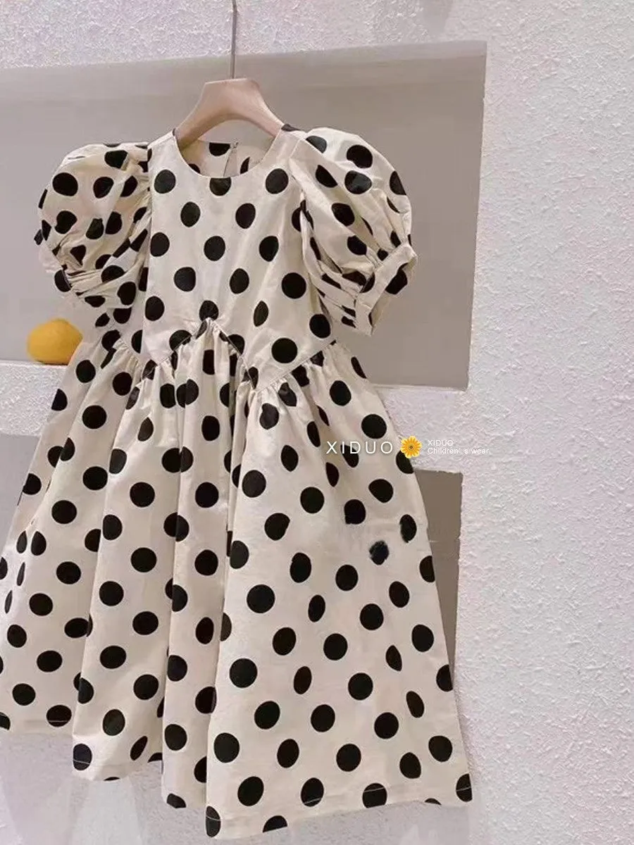 Children's Clothing 23 Summer Girls' Korean Fashion Big Polka Dot Puff Sleeve Dress Cotton Fashionable Princess Dress X6001