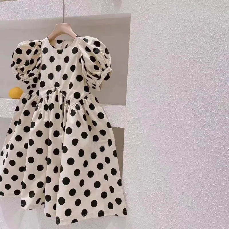 Children's Clothing 23 Summer Girls' Korean Fashion Big Polka Dot Puff Sleeve Dress Cotton Fashionable Princess Dress X6001