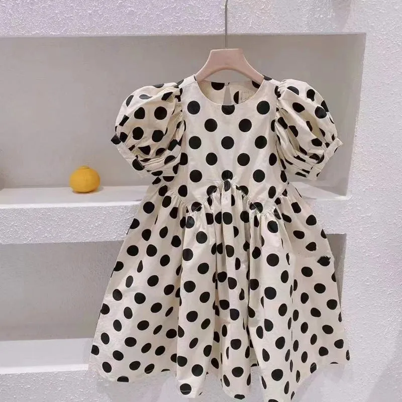 Children's Clothing 23 Summer Girls' Korean Fashion Big Polka Dot Puff Sleeve Dress Cotton Fashionable Princess Dress X6001