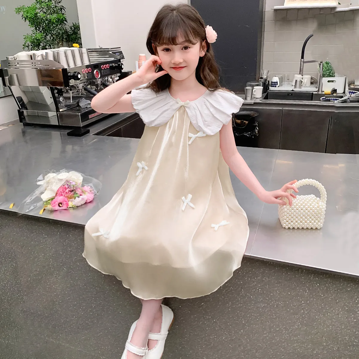 Girls Dress  Summer Fashion Sweet Bow Princess Dress Little Girl Western Style Streamer Dress Original