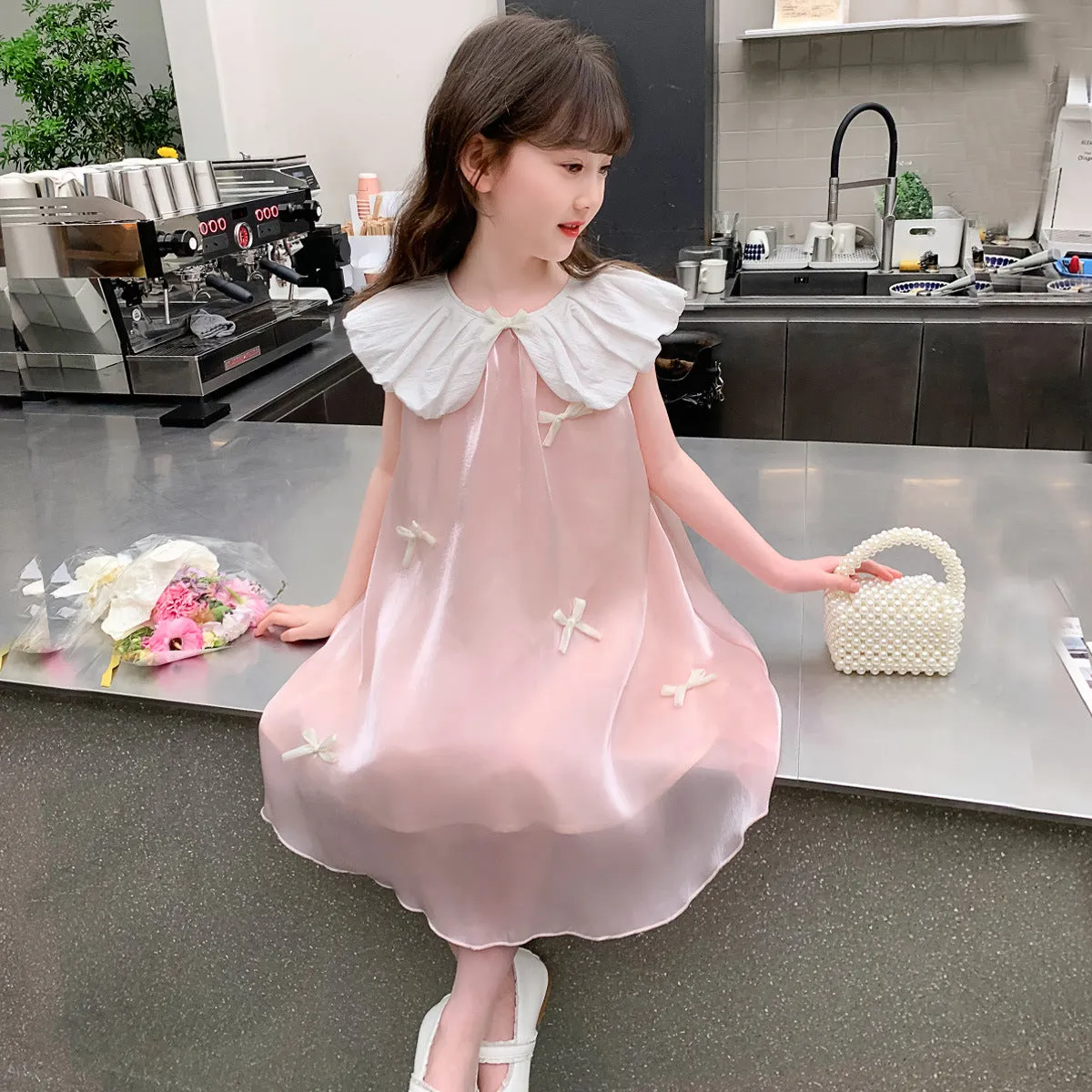 Girls Dress  Summer Fashion Sweet Bow Princess Dress Little Girl Western Style Streamer Dress Original