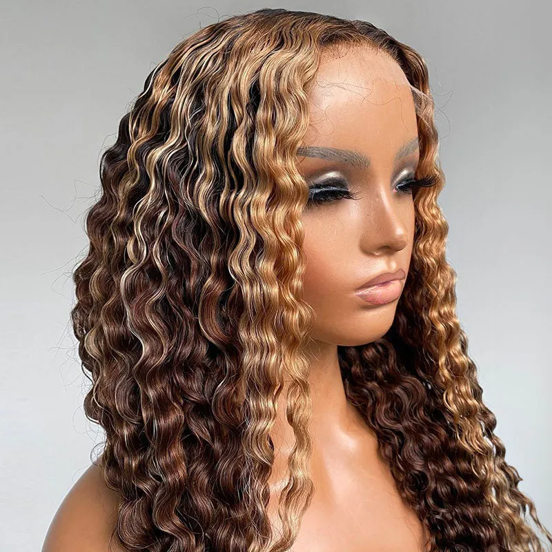 Glueless Closure Lace Wavy Wig with Honey Blonde Piano Highlights Color Human Hair