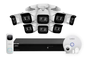 Lorex Fusion 4K (16 Camera Capable) 3TB Wired NVR System with 8 IP Bullet Cameras, 2K Video Doorbell and Smart Sensor Kit