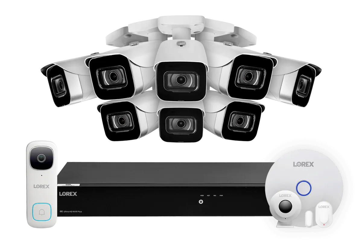 Lorex Fusion 4K (16 Camera Capable) 3TB Wired NVR System with 8 IP Bullet Cameras, 2K Video Doorbell and Smart Sensor Kit