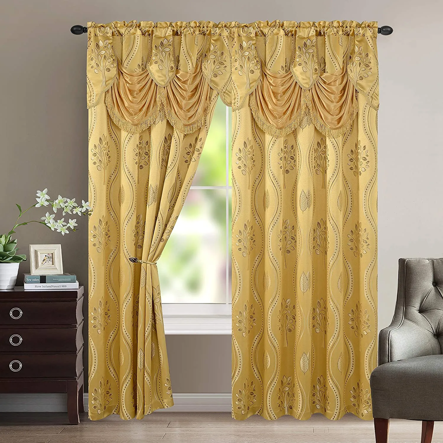 Luxurious Beautiful Curtain Panel Set with Attached Valance and Backing 54" X 84 inch Set of 2