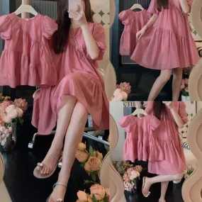 South Korea Children's Summer Clothing Parent-Child Dress Sanya Holiday Big Swing Princess Dress Girl Mother-Daughter Matching Outfit Puff Sleeve Dress Fashion