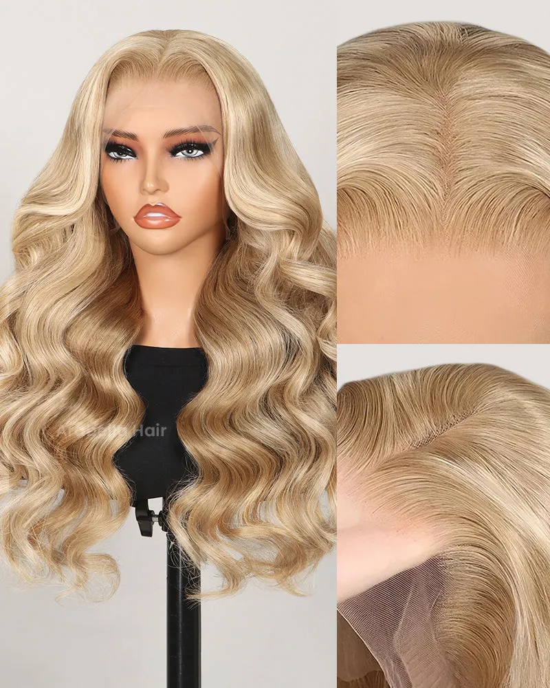 Wavy Blonde Khaki Style 13x4 Lace Front Mixed Brown and Blonde Highlights Color Human Hair Wig