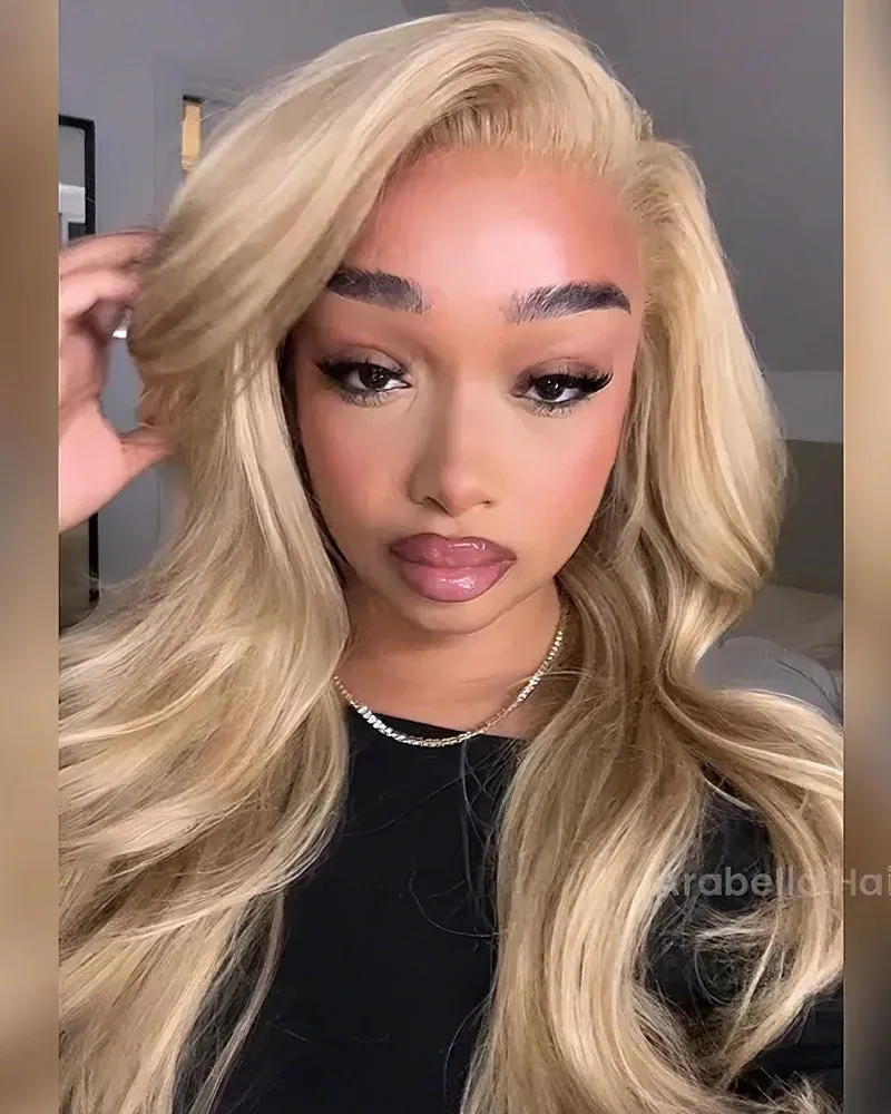 Wavy Blonde Khaki Style 13x4 Lace Front Mixed Brown and Blonde Highlights Color Human Hair Wig