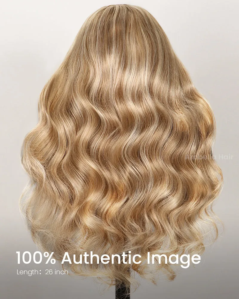 Wavy Blonde Khaki Style 13x4 Lace Front Mixed Brown and Blonde Highlights Color Human Hair Wig